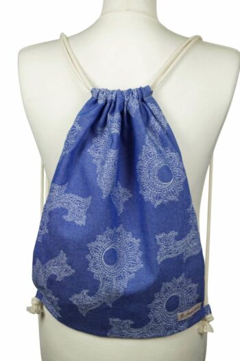 Fräulein Hübsch Stoffrucksack in Blau mit floralen Muster und beiger Kordel