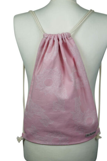Fräulein Hübsch Stoffrucksack in Rosa mit floralen Muster und beiger Kordel