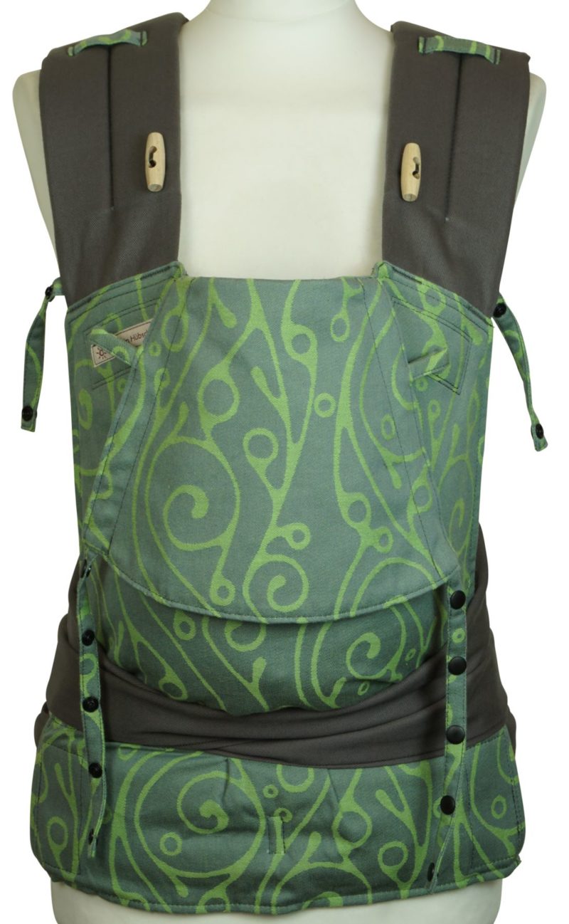 Babytrage Mei Tai Babysize Fräulein Hübsch Hellgrau mit geschwungenem, hellgrünen Muster