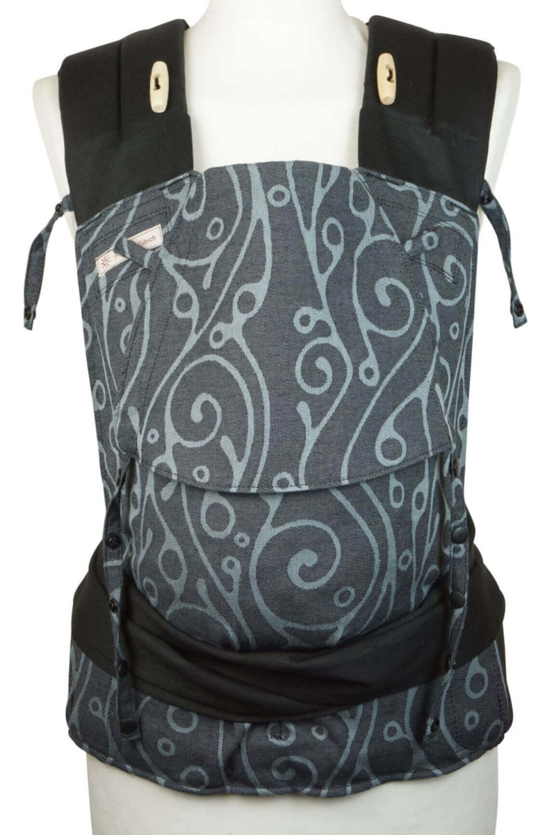 Mei Tai Babysize Seaweed Anthracite Front Babytrage Mei Tai Babysize Fräulein Hübsch Dunkelgrau mit geschwungenem, hellgrauen Muster