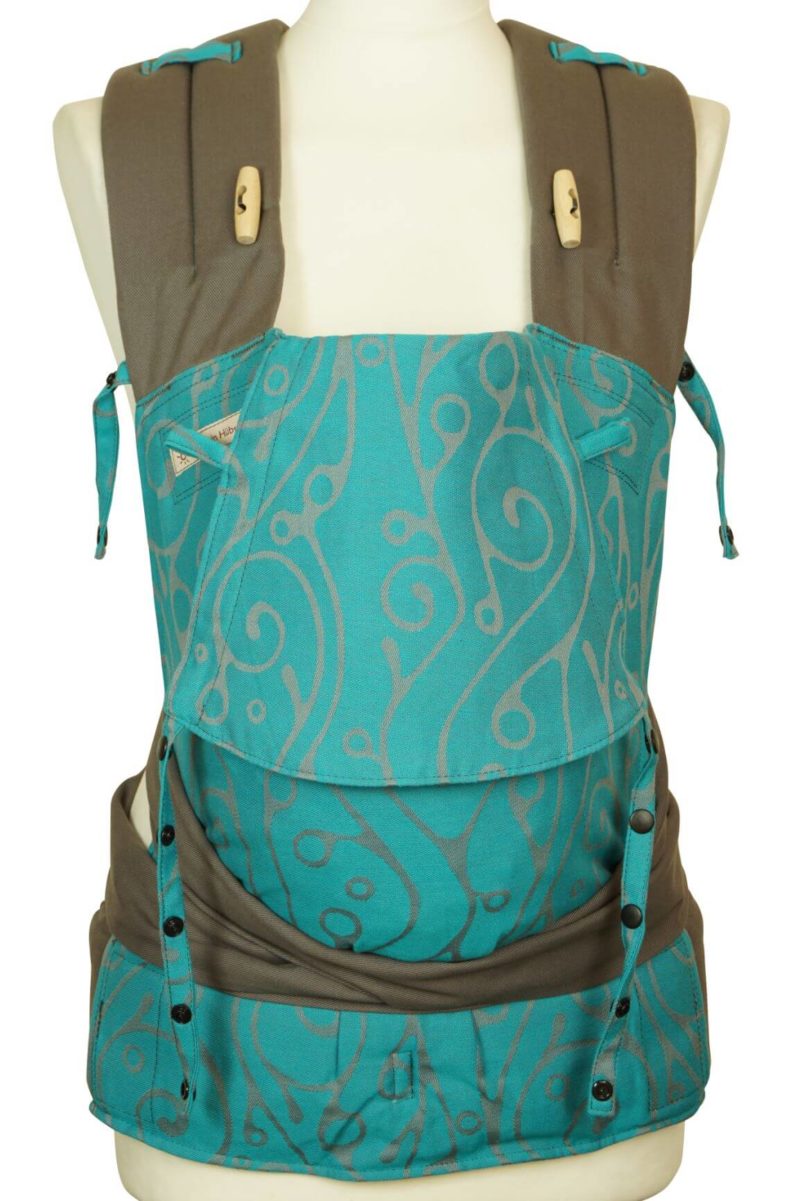 Mei Tai Babysize Seaweed Turquoise Front Tragetuch Fräulein Hübsch Lindgrün mit geschwungenem, hellgrauen Muster