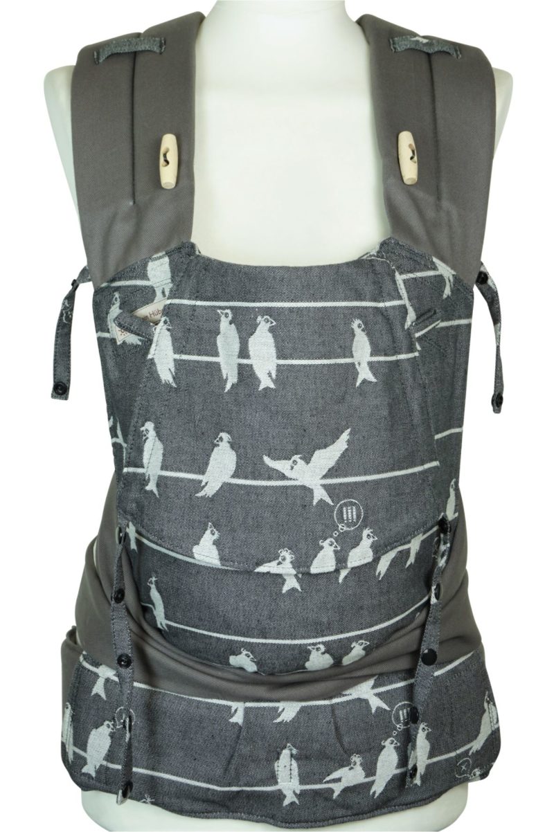 MeiTai Babysize Birds On A Wire Anthrazit Babytrage Fräulein Hübsch Mei Tai Babysize in Anthrazit mit weißen Vögel