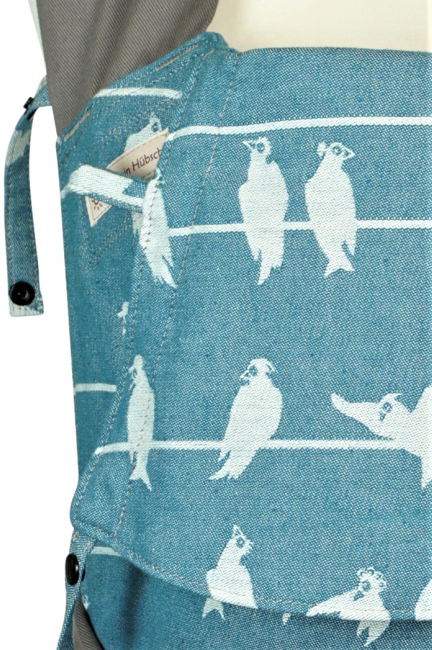 Babytrage Fräulein Hübsch Mei Tai Babysize in Petrolfarben mit weißen Vögel