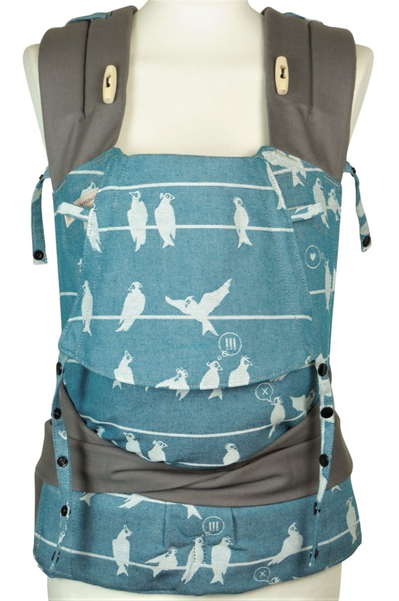 Babytrage Fräulein Hübsch Mei Tai Babysize in Petrolfarben mit weißen Vögel