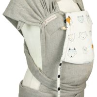 Babytrage Fräulein Hübsch WrapCon Babysize Hellgrau mit verschiedenen Tierköpfen auf weißer Kopfstütze