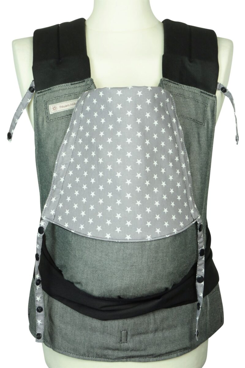 Mei Tai Toddlersize Sterne Dunkelgrau ST Babytrage Fräulein Hübsch Mei Tai Toddlersizer dunkelgrau mit weißen Sternen auf grauer Kopfstütze