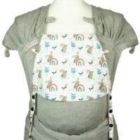 Babytrage Fräulein Hübsch WrapCon Babysize Hellgraue Trage mit Regenbogen und Hasen auf der Kopfstütze