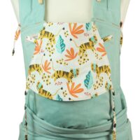 Baby carrier Fräulein Hübsch SoftTai Babysize in turquoise with tigers and leaves on the headrest