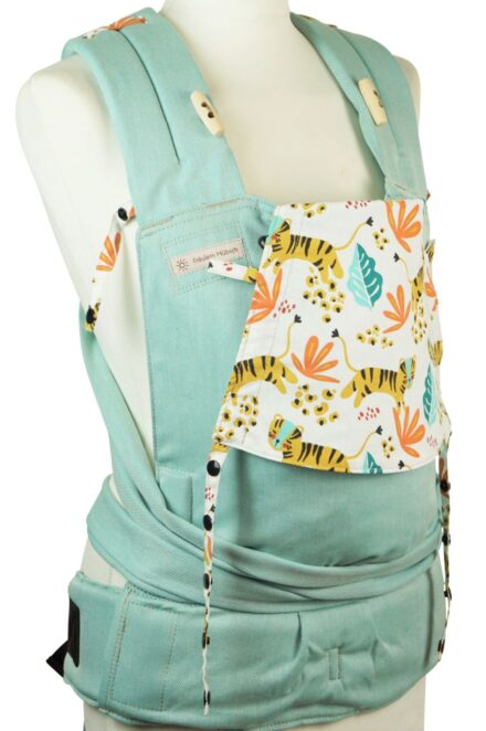 Baby carrier Fräulein Hübsch SoftTai Babysize in turquoise with tigers and leaves on the headrest