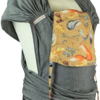 Baby carrier Fräulein Hübsch WrapCon Toddlersize Dark gray with ocher colored headrest with owl, fox, hedgehog and leaves