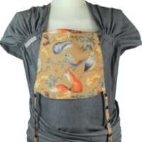 Baby carrier Fräulein Hübsch WrapCon Toddlersize Dark gray with ocher colored headrest with owl, fox, hedgehog and leaves