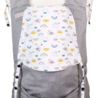 Baby Carrier Soft Tai Toddlersize in Light Grey with Rainbow, Sun, Clouds on the Headrest