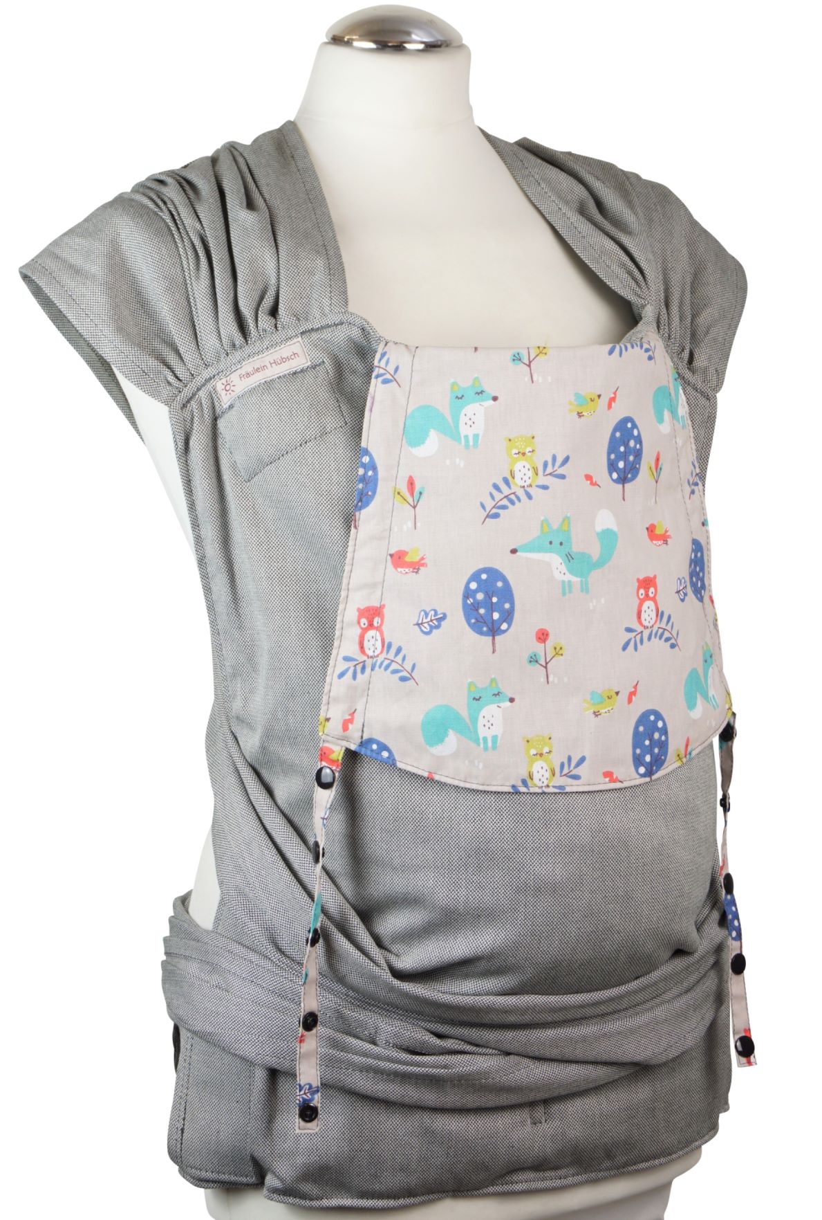 WrapCon Toddlersize Forest Life Silver Babytrage Fräulein Hübsch WrapCon Toddlersize in Dunkelgrau mit Füchsen und Eulen auf der Kopfstütze Seitansicht