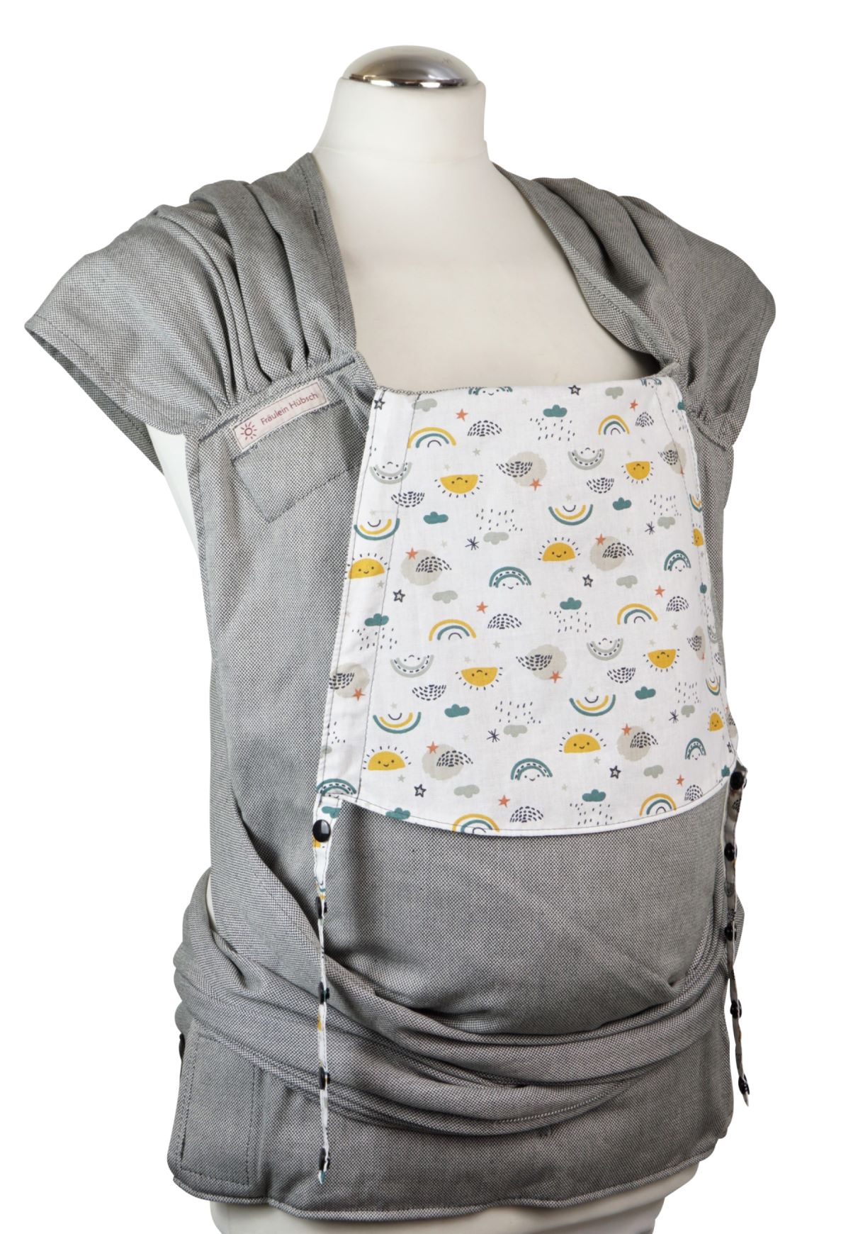 Babytrage Fräulein Hübsch WrapCon Toddlersize in Dunkelgrau mit Sonne, Wolken und Regenbögen auf der Kopfstütze Seitansicht