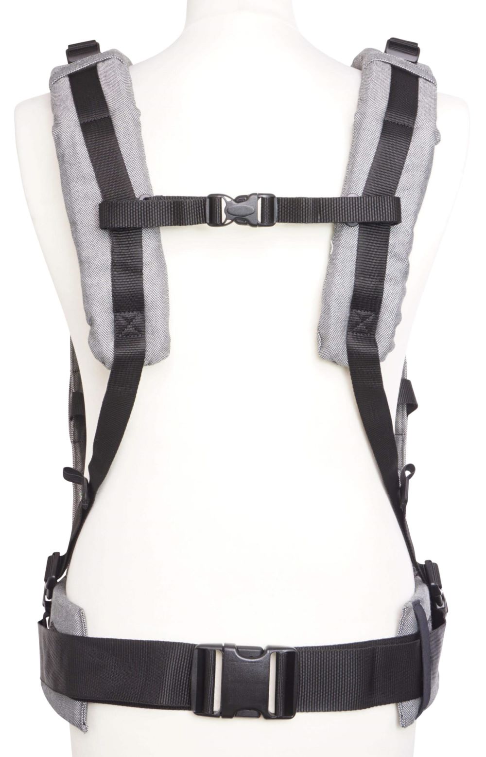 Fullbuckle Onesize Graphite Ruckansicht parallel Fräulein Hübsch Babytrage Fullbuckle in Dunkelgrau von hinten. Man sieht nur den Hüftgurt und die Schulterträger, die parallel getragen werden.