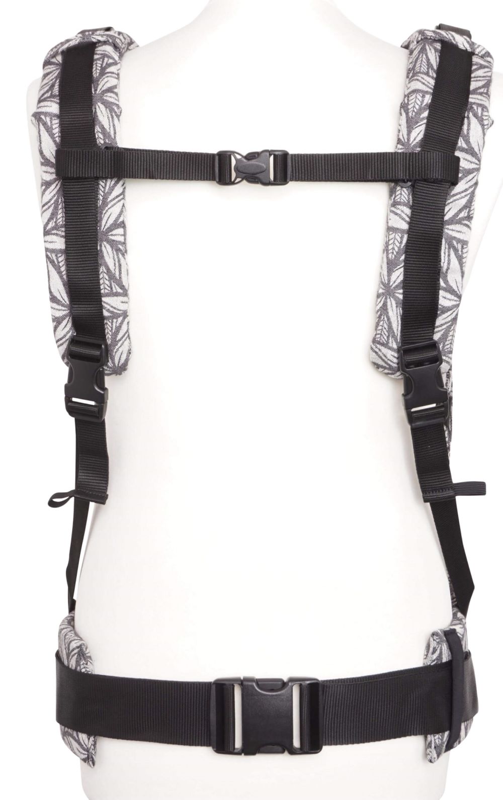 Fullbuckle Onesize Lorelei Ruckansicht parallel Fräulein Hübsch Babytrage Fullbuckle in Weiß und SChwarz von hinten. Man sieht nur den Hüftgurt und die Schulterträger, die parallel getragen werden.