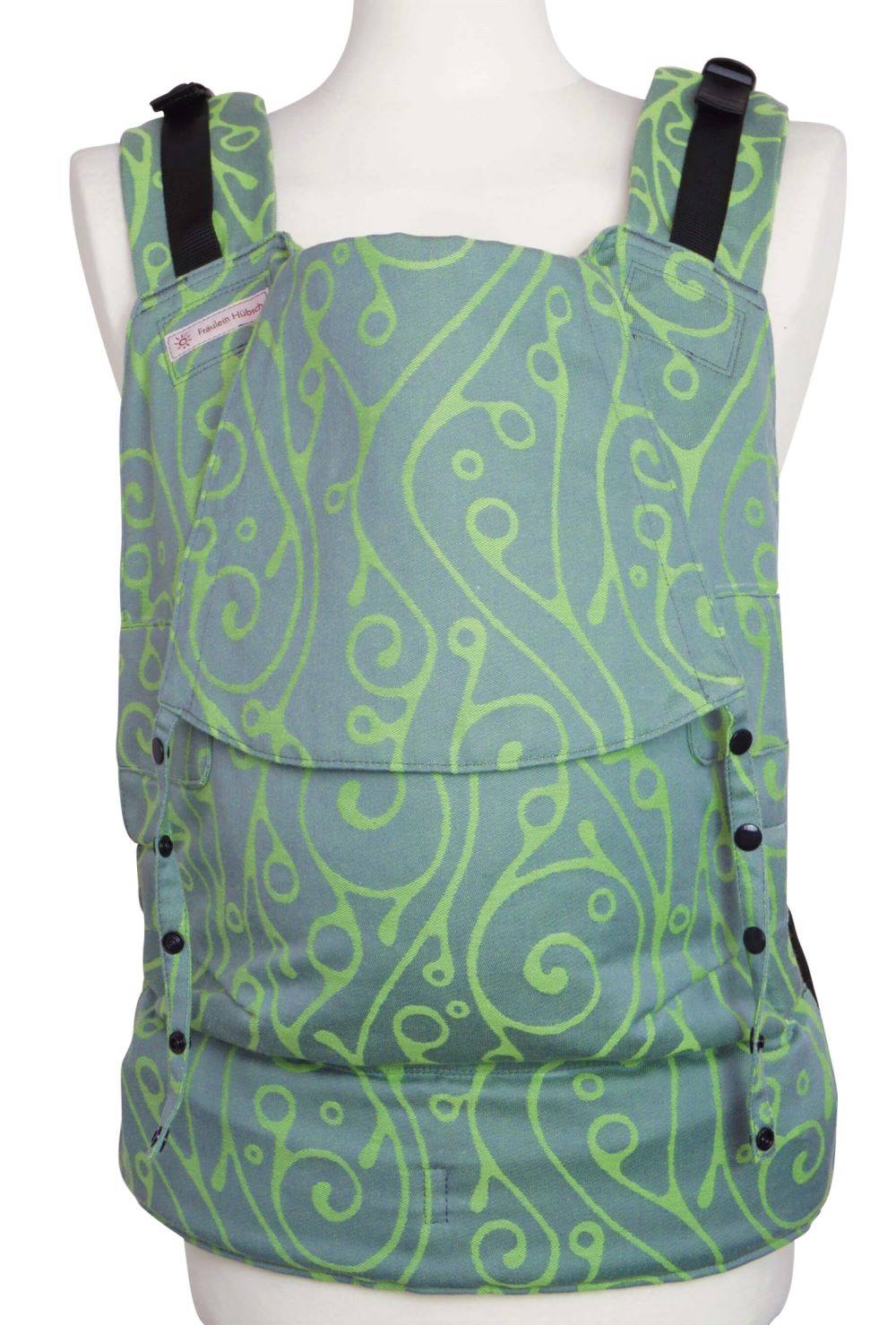 Fullbuckle Onesize Seaweed Green Frontal Fräulein Hübsch Babytrage Fullbuckle in einem verschlungenen Muster aus Hellgrau und LIndgrün in Frontalansicht