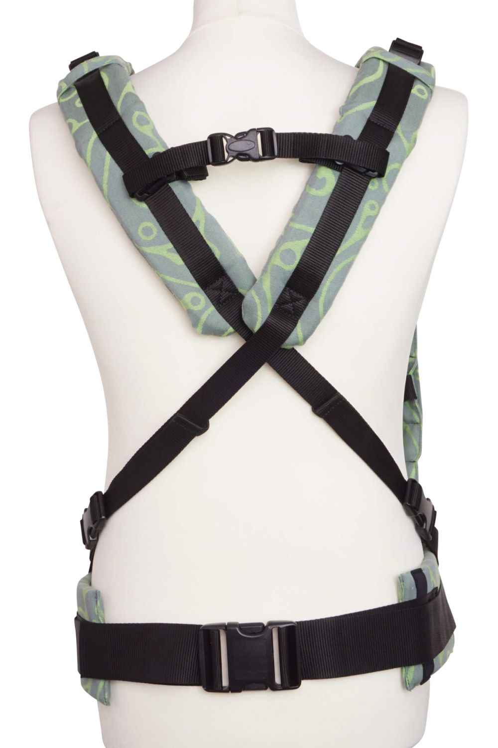 Fullbuckle Onesize Seaweed Green Ruckansicht gekreuzt Fräulein Hübsch Babytrage Fullbuckle in Hellgrau und Lindgrün. Rückansicht mit den beiden Träger gekreuzt getragen.