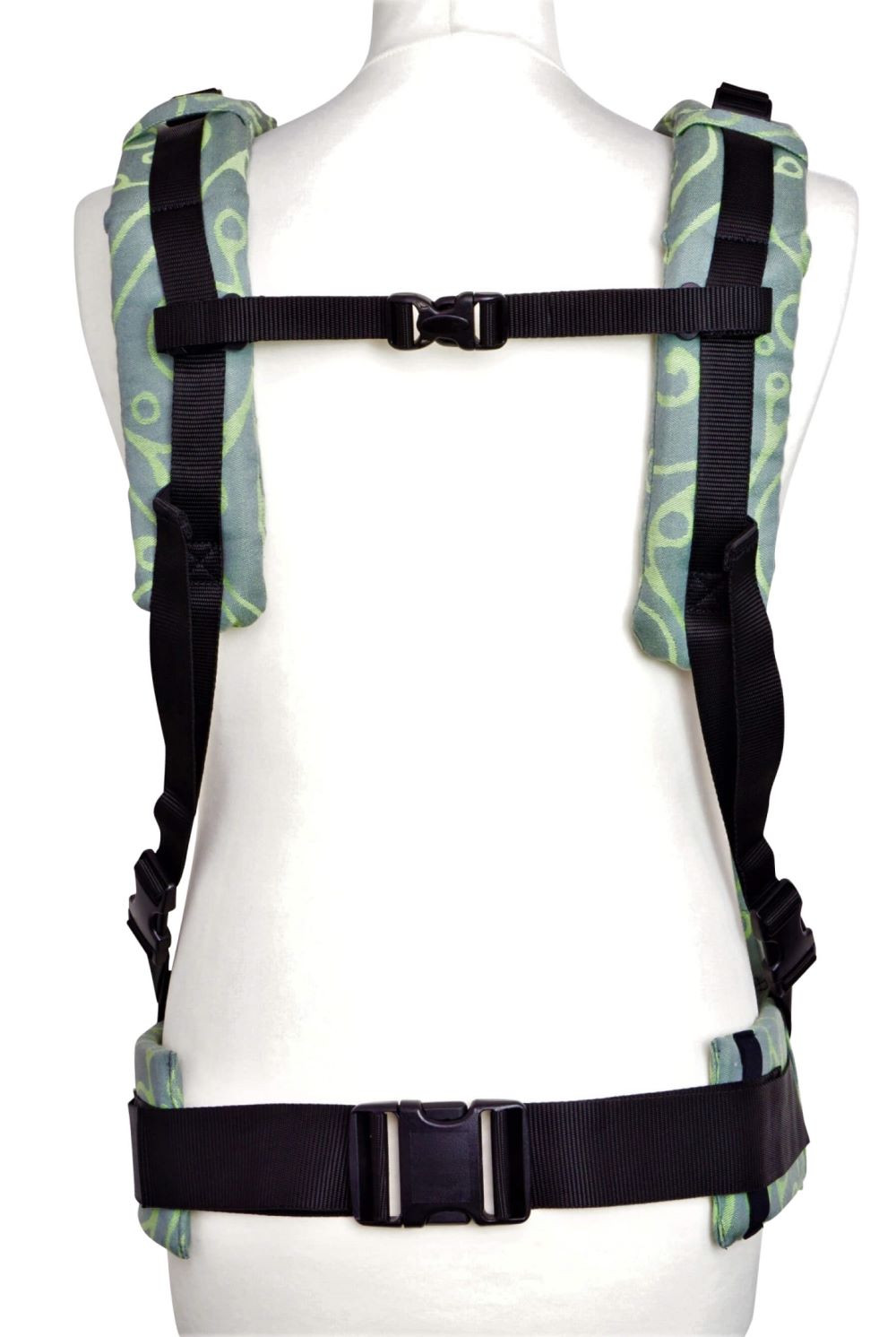 Fullbuckle Onesize Seaweed Green Ruckansicht parallel 2 Fräulein Hübsch Babytrage Fullbuckle in Hellgrau und Lindgrün von hinten. Man sieht nur den Hüftgurt und die Schulterträger, die parallel getragen werden.