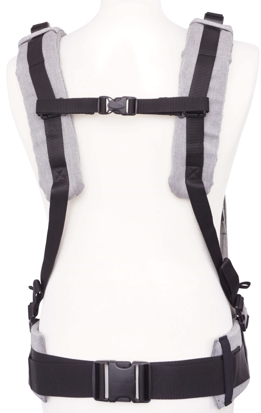 Fullbuckle Onesize Silver Ruckansicht parallel Fräulein Hübsch Babytrage Fullbuckle in Hellgrau von hinten. Man sieht nur den Hüftgurt und die Schulterträger, die parallel getragen werden.