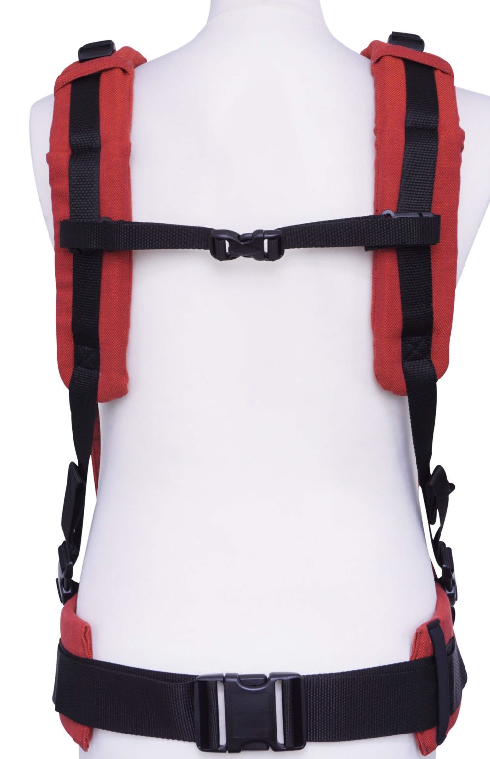 Fullbuckle Onesize Terracotta Ruckansicht parallel Fräulein Hübsch Babytrage Fullbuckle in Terracotta-Rot. Rückansicht mit den beiden Träger parallel getragen.