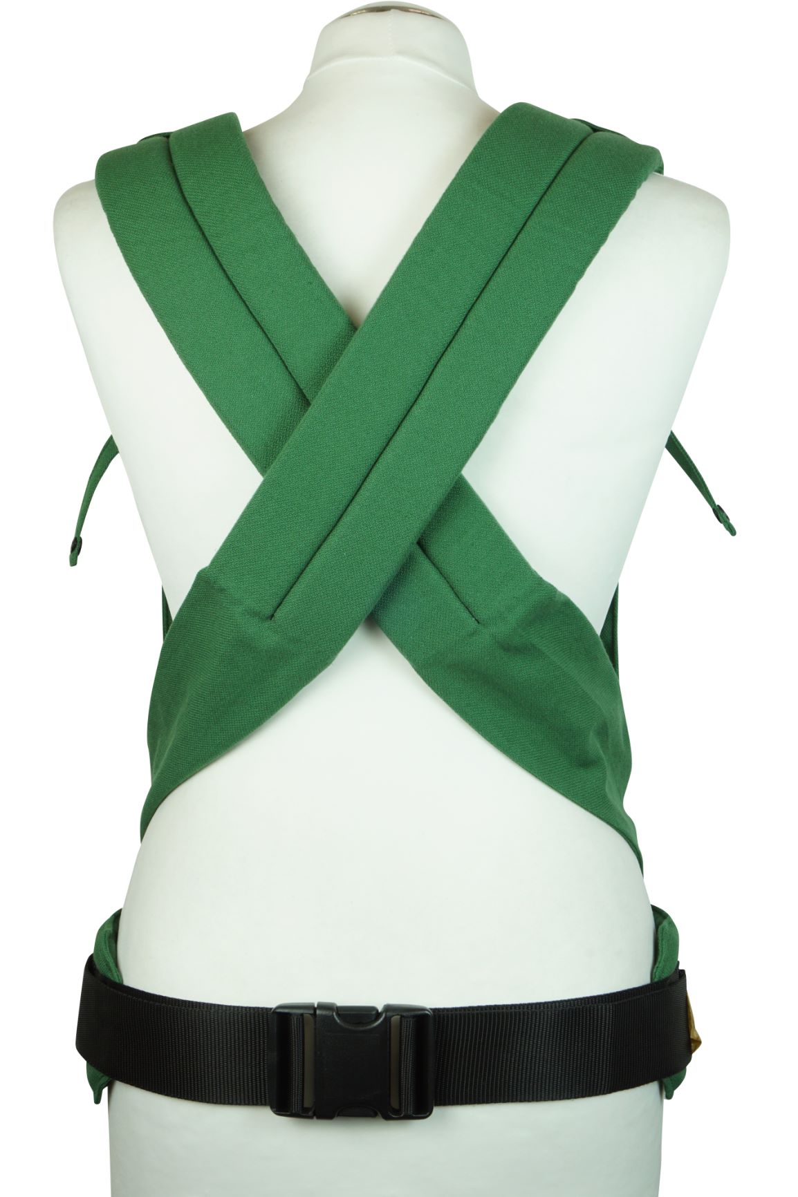 SoftTai Babysize Deep Forest Rueckansicht komp Fräulein Hübsch Babytrage SoftTai Ansicht von hinten auf die gebunden Schulterträger