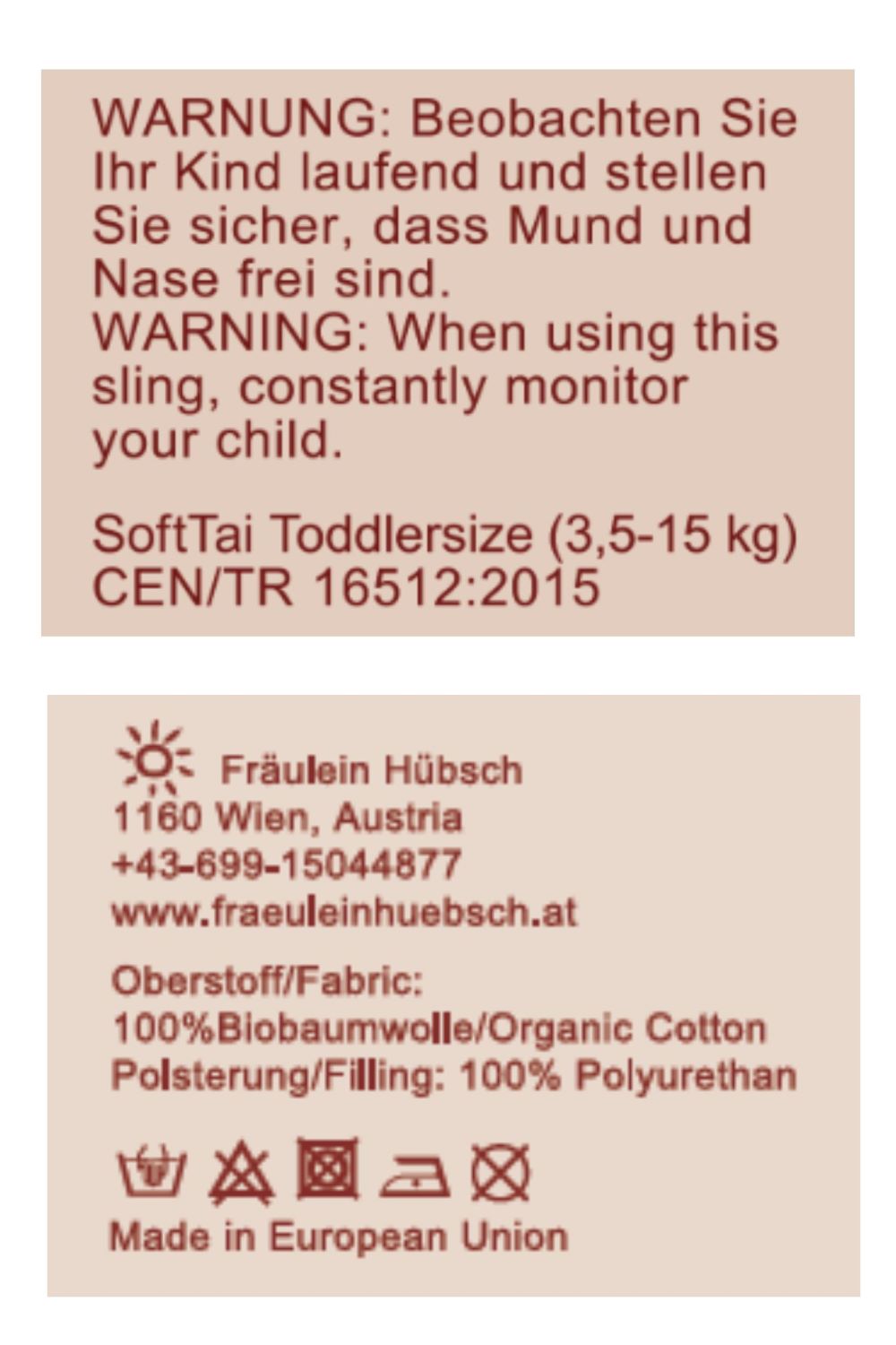 Produktsicherheitshinweis SoftTai Toddlersize Produktsicherheitsbestimmungen: auf diesem Bild siehst du eine Abbildung der Sicherheitshinweise, der Herstelleranschrift und der Pflegeanweisungen für dieses Produkt