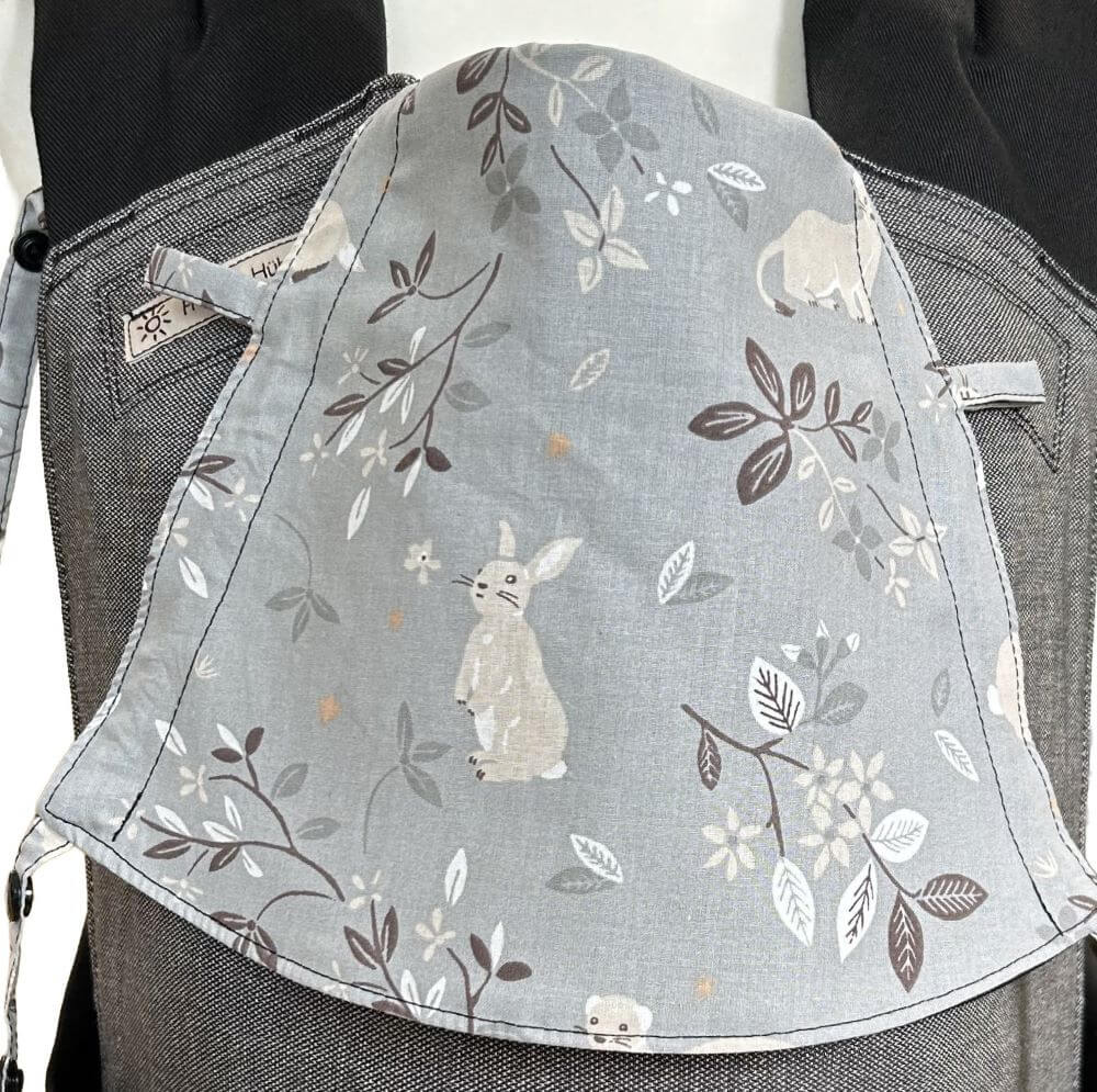 Detailaufnahme der Kopfstütze aus dunkelgrauem Dekostoff, auf dem ein Häschen, ein Wiesel, ein Dachs und ein Biber in Beige zu sehen sind. Dazwischen sind kleine Zweige abgebildet.