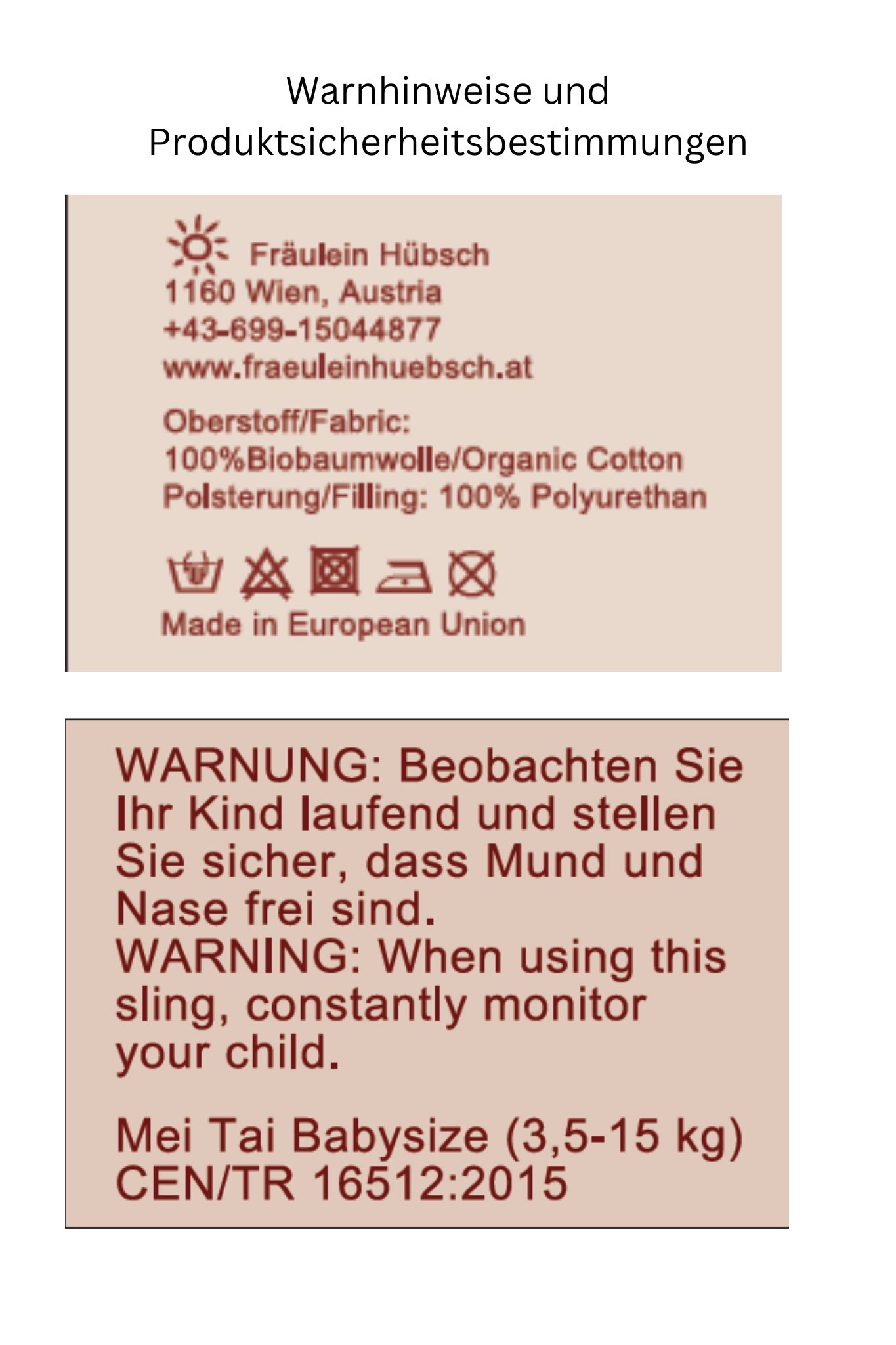 Produksicherheitsbestimmungen MT BS Produktsicherheitsbestimmungen: auf diesem Bild siehst du eine Abbildung der Sicherheitshinweise, der Herstelleranschrift und der Pflegeanweisungen für dieses Produkt