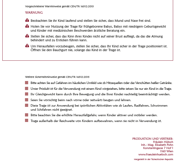 Produktsicherheitshinweis Produktsicherheitshinweis für Babytragen nach DIN-Norm: CENTR 16512:2015