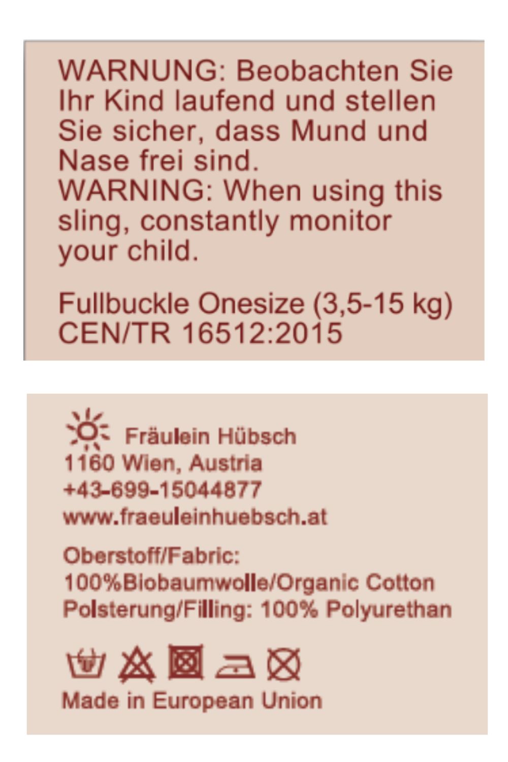 Produktsicherheitshinweis FB Onesize Produktsicherheitsbestimmungen: auf diesem Bild siehst du eine Abbildung der Sicherheitshinweise, der Herstelleranschrift für den Fullbuckle Onesize